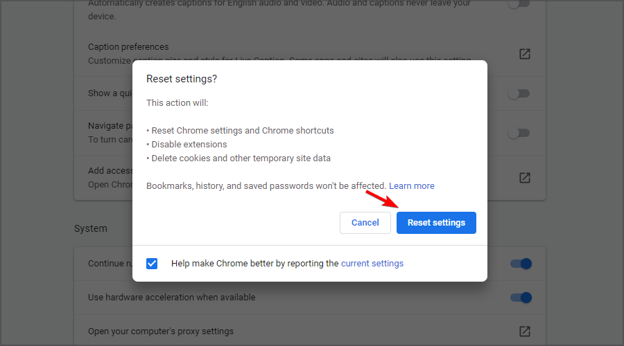 Кнопка Сбросить настройки в Chrome
