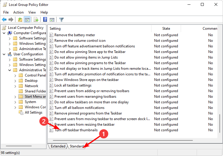Параметр Включить миниатюры панели задач в GPEDIT