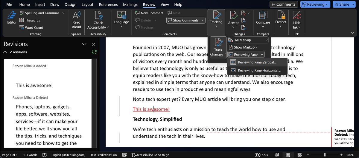Панель рецензирования в Word
