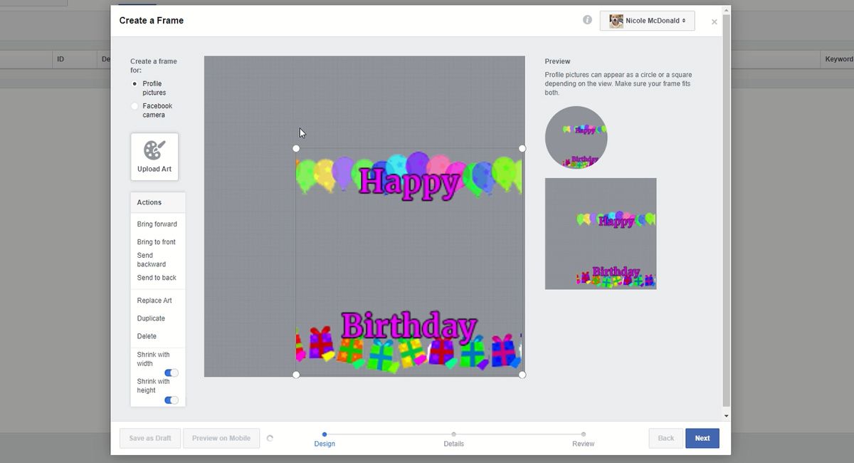 Изменение размера рамки в редакторе