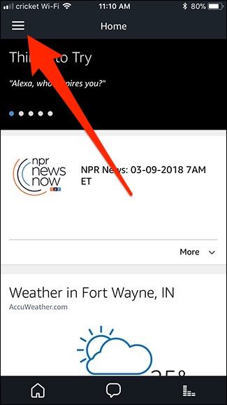 Меню приложения Alexa на экране смартфона