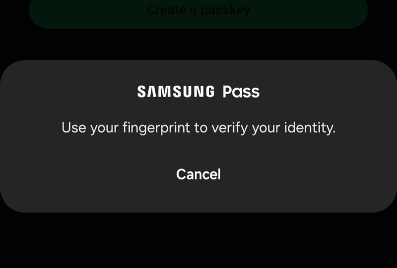 Подтверждение личности для сохранения passkey в Samsung Pass на телефоне Samsung