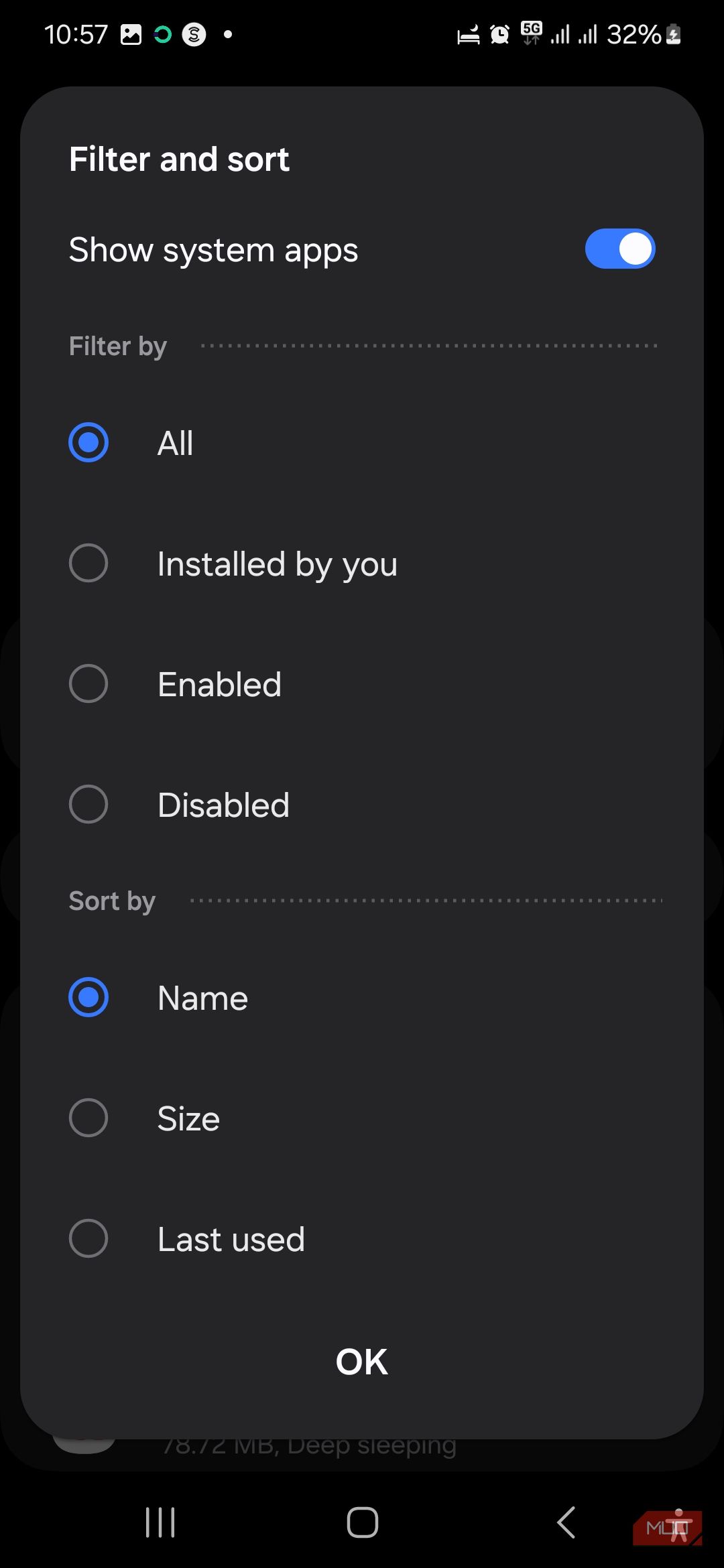 Показать системные приложения включено