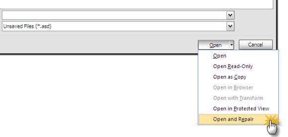 Диалог 'Открыть и восстановить' для повреждённых файлов Word