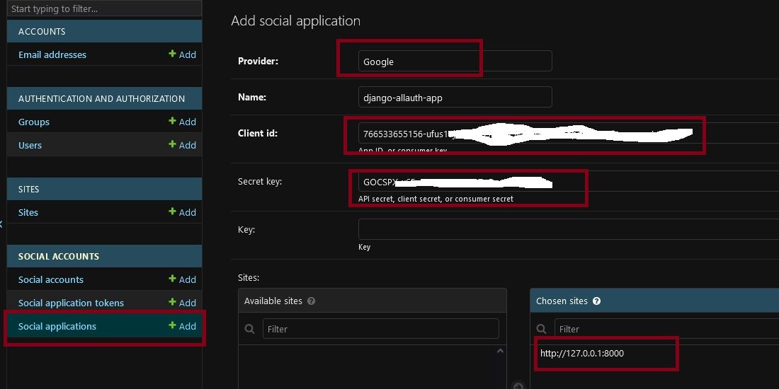 Добавление OAuth-учётных данных в админке