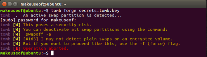 Предупреждение Tomb о работающем swap-файле