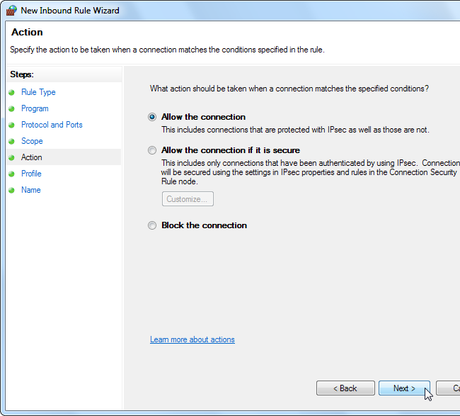 Подтверждение: разрешить подключение для указанных портов и IP
