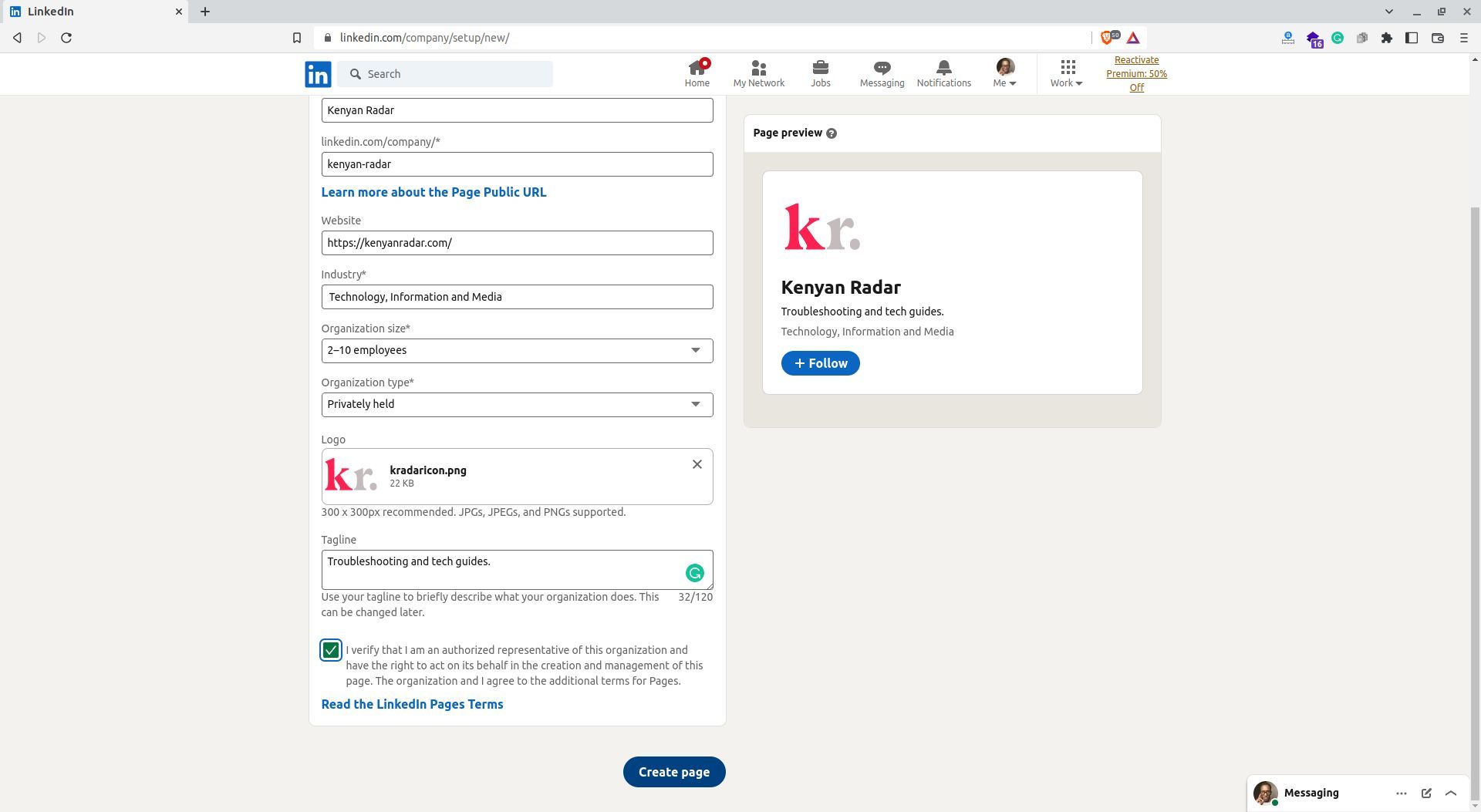 Снимок экрана заполненная страница LinkedIn перед созданием