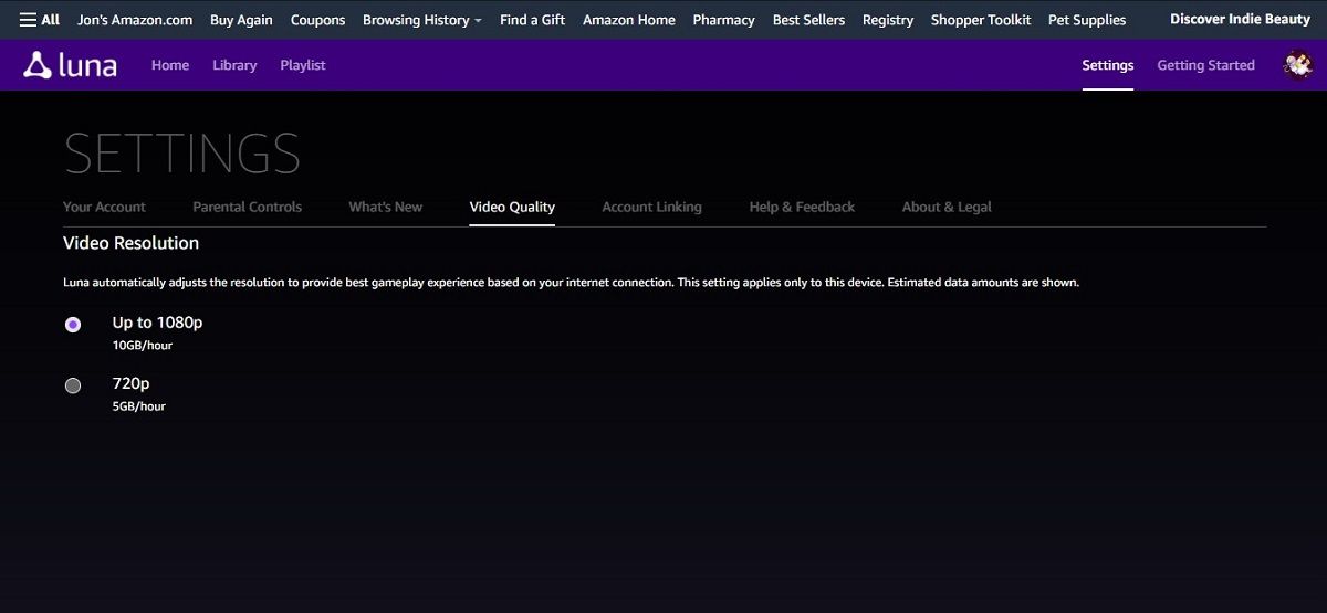 Настройка качества видео в Amazon Luna: выбор 720p