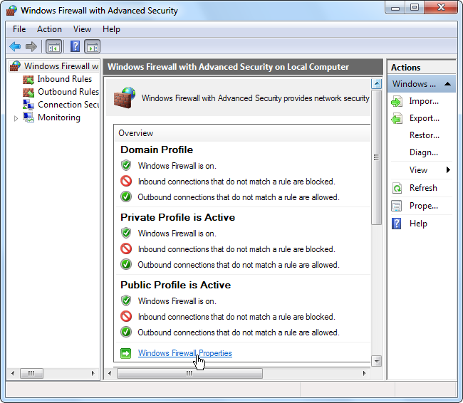 Список профилей брандмауэра: домен, частная, публичная сеть