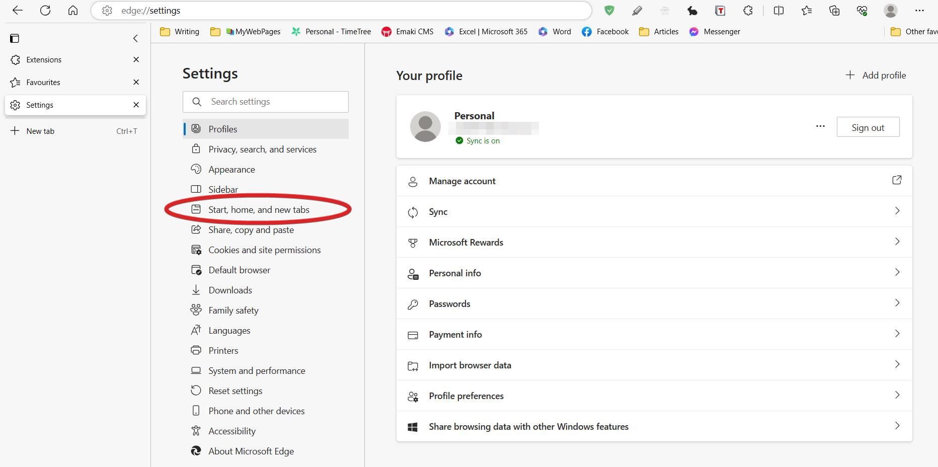 Настройки «Пуск, Домашняя страница и новые вкладки» в Edge