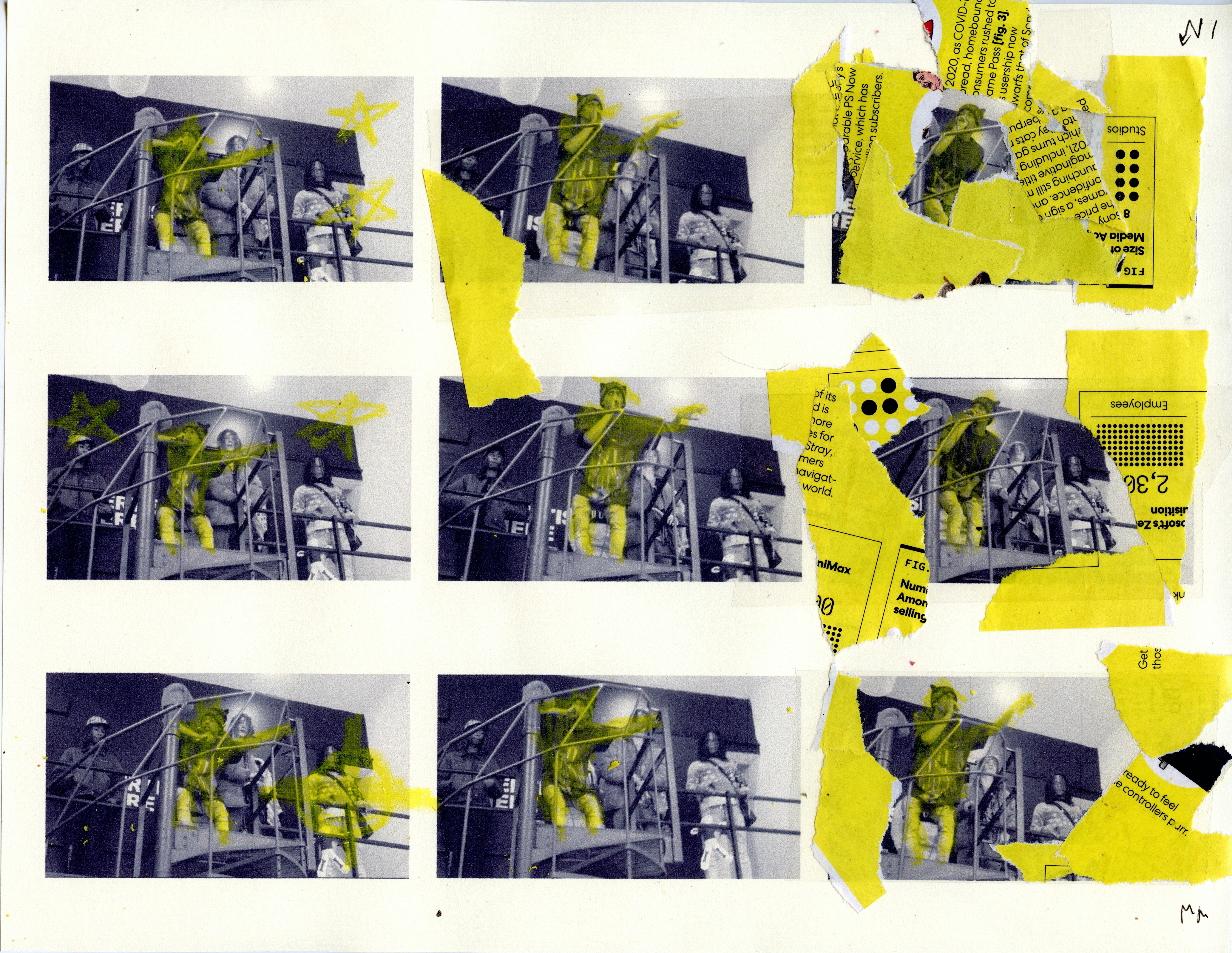 A series of nine monochrome photographers, with added neon yellow paper growing in size with each frame.