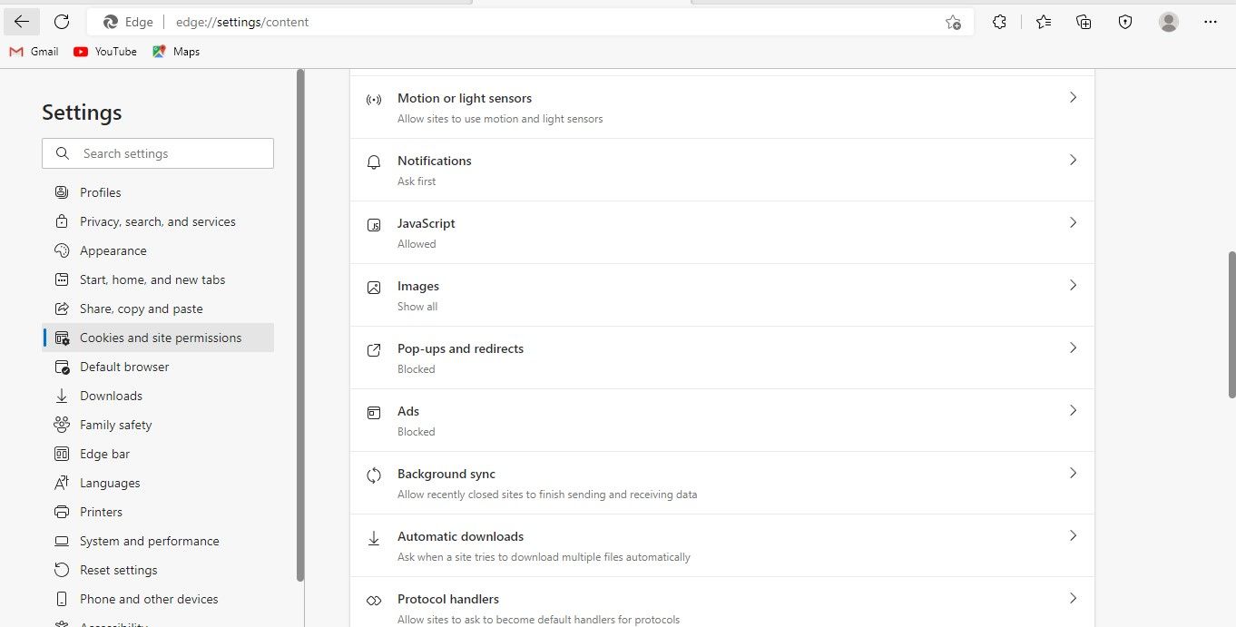 Открытие параметра Всплывающие окна и переадресация в разделе Файлы cookie и разрешения сайтов в настройках Microsoft Edge