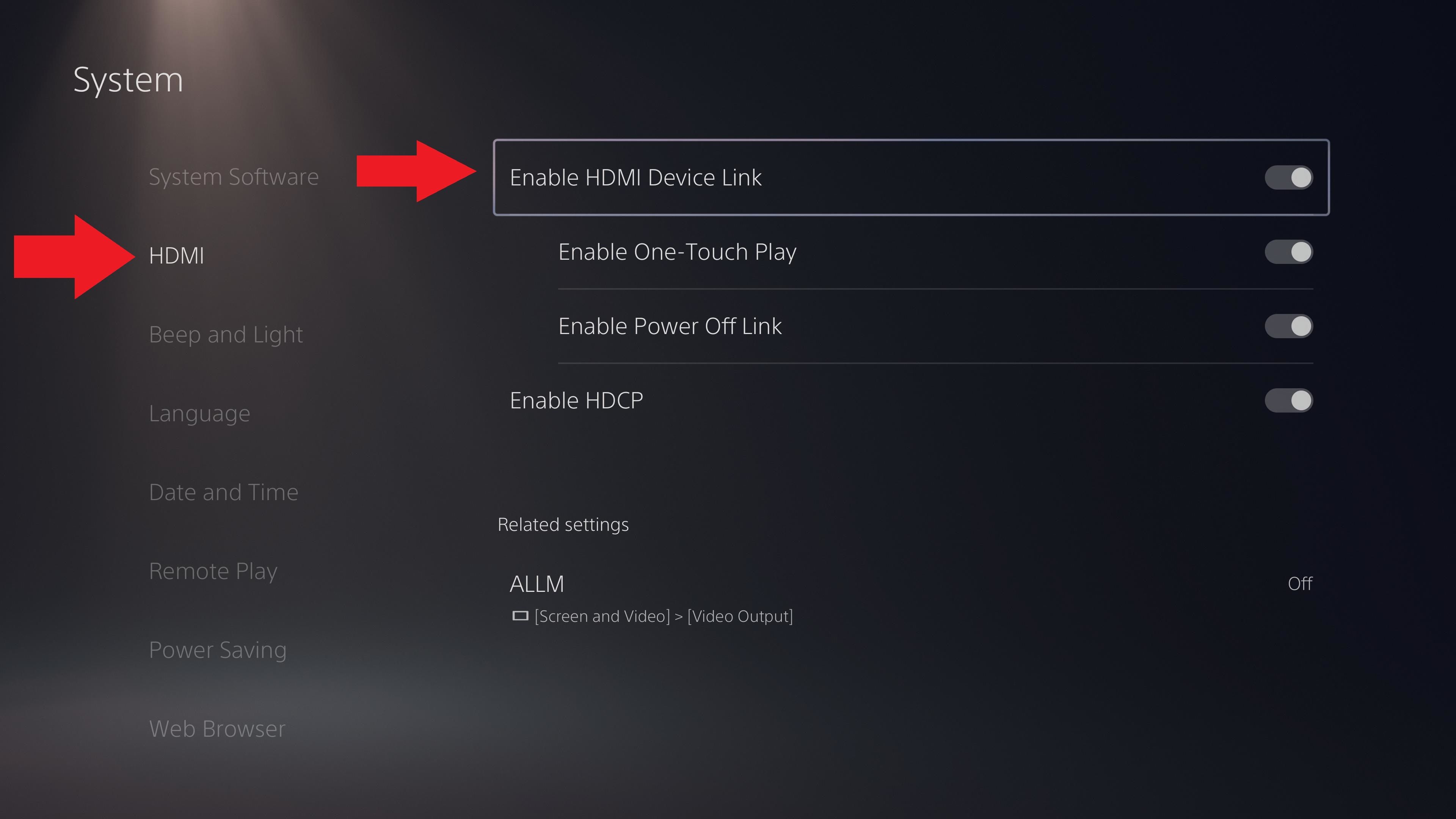 Меню HDMI на PlayStation 5 с выделенной опцией «Enable HDMI Device Link».
