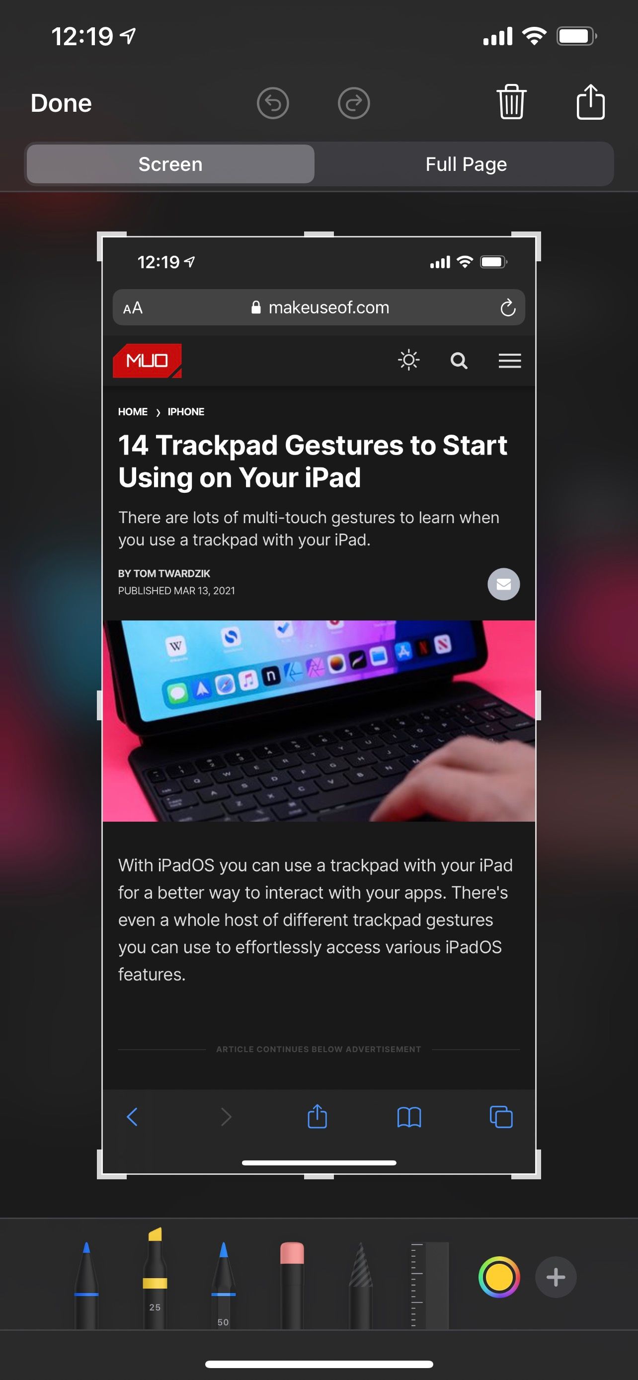 Стандартный интерфейс скриншота на iOS.