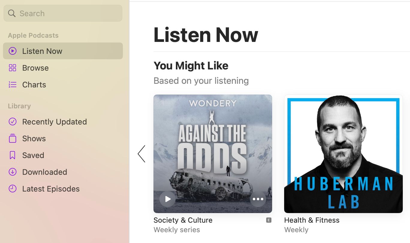 Listen Now screen in Apple Podcasts app for Mac