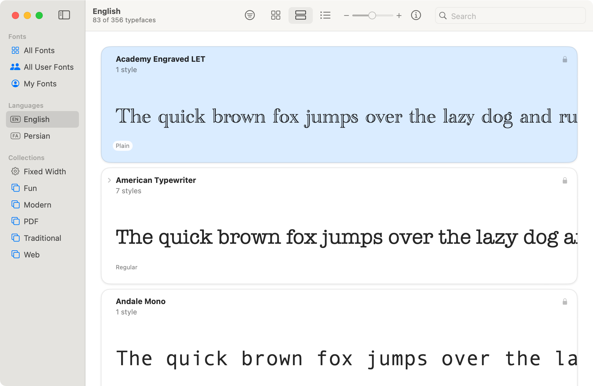 Samples view in Font Book.