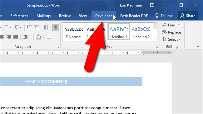 Клик по вкладке Разработчик на ленте