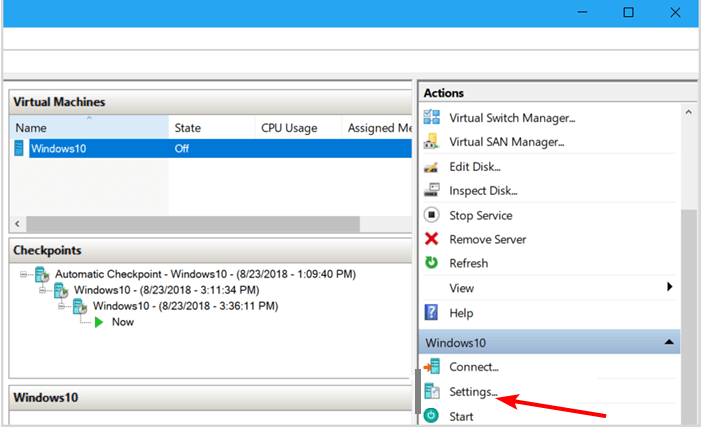 Открыть Settings в Hyper‑V