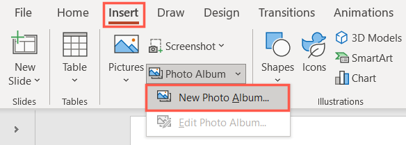 Новый фотоальбом на вкладке Вставка