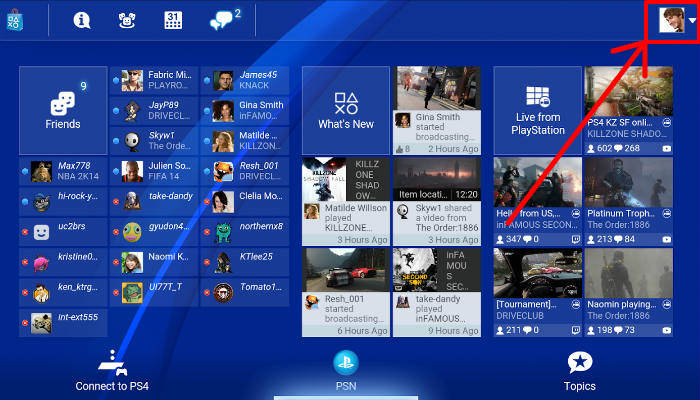Icono de cuenta y cola de descargas en la app de PlayStation