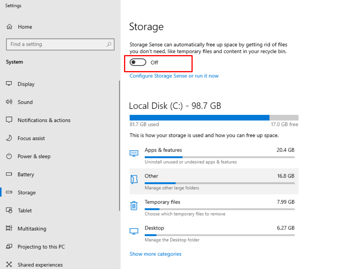 Turn Off Storage Sense