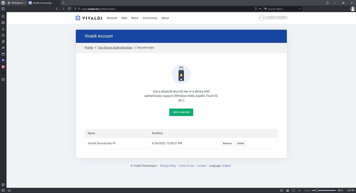 Добавление аппаратного ключа в аккаунт Vivaldi