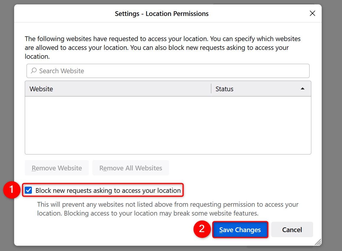Параметр «Блокировать новые запросы на доступ к местоположению» и кнопка «Сохранить изменения» выделены в настройках Firefox.