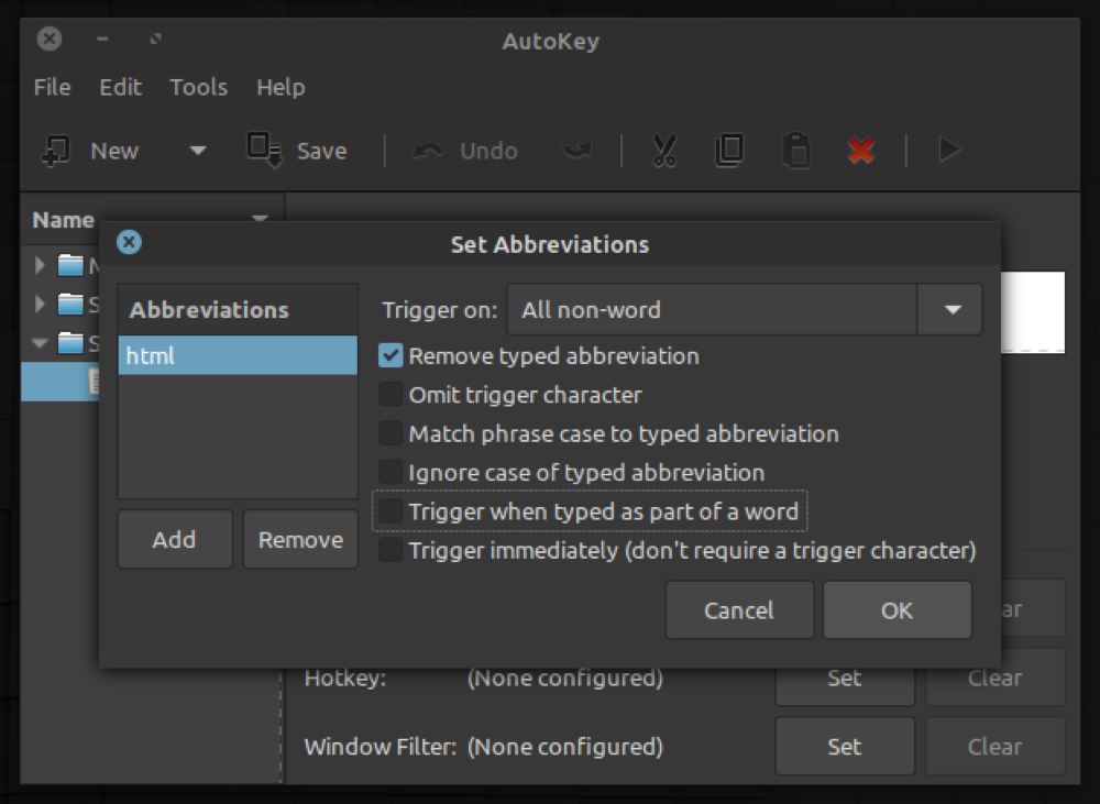 Настройка триггера для аббревиатуры: параметр 'Trigger on'