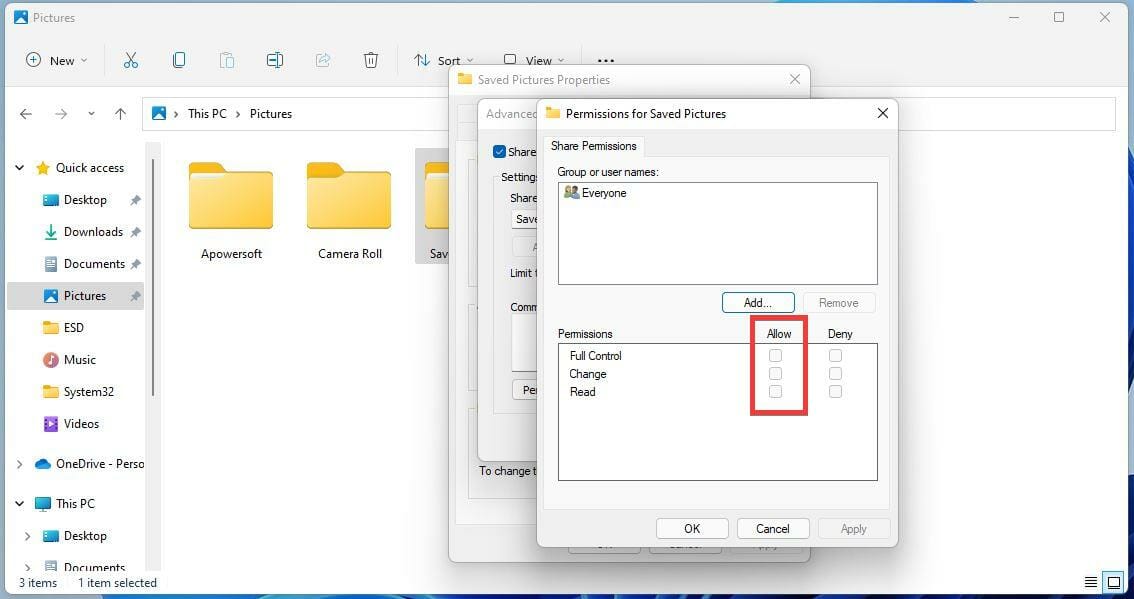 Разрешения для группы Everyone с отмеченными полями Allow
