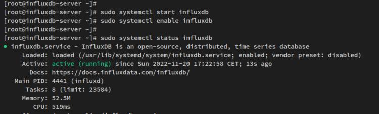 Вывод systemctl status influxdb — сервис запущен и включён