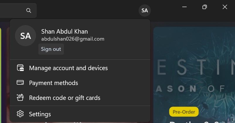Окно профиля Microsoft Store