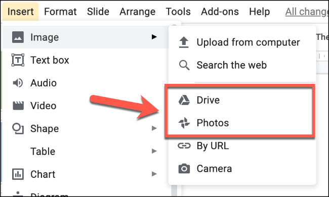 Выберите Фото для вставки из Google Photos или Диск для вставки из Google Drive