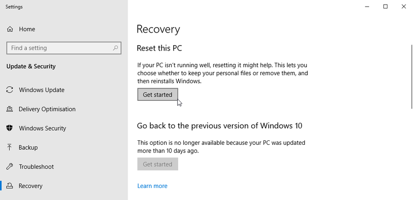 Параметры восстановления и сброса Windows 10