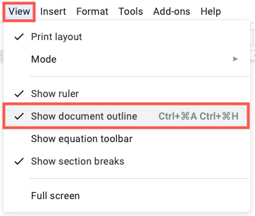 Показать структуру документа в меню