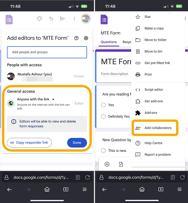 Доступ и настройки редакторов на мобильном
