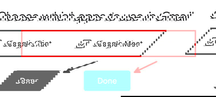 Список приложений в Gmail: Google Chat и Google Meet отмечены