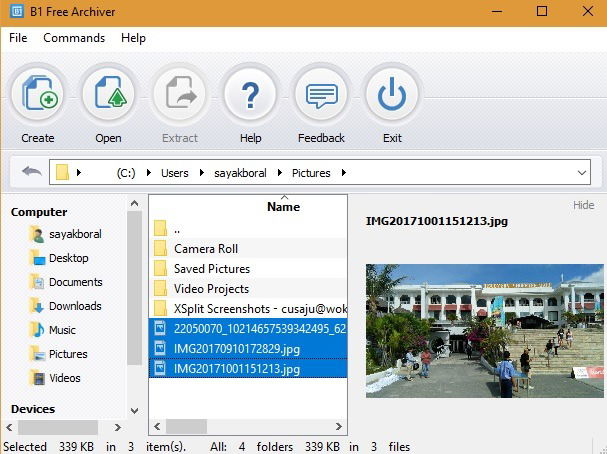 B1: выбор файлов для создания архива