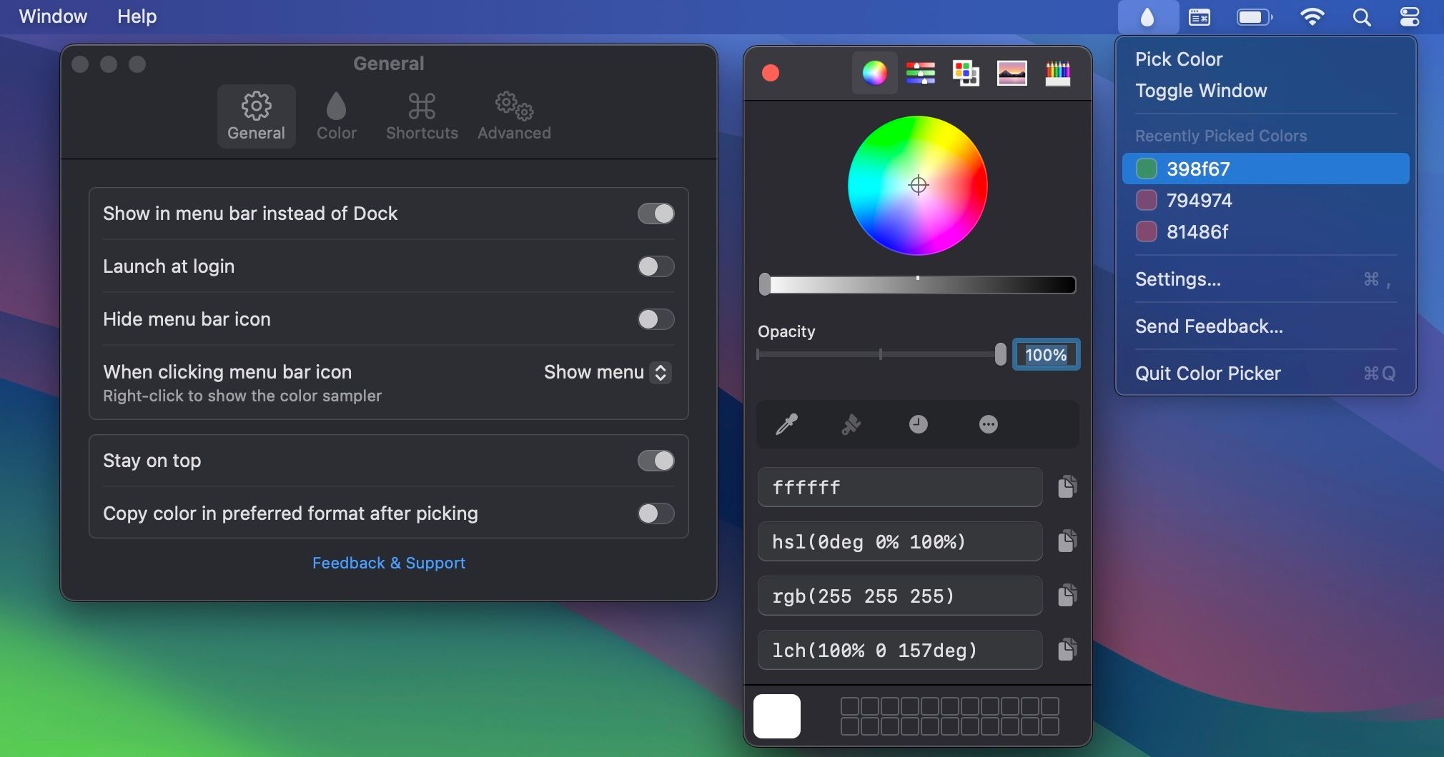 Интерфейс System Color Picker на Mac с выделенной каплей в строке меню
