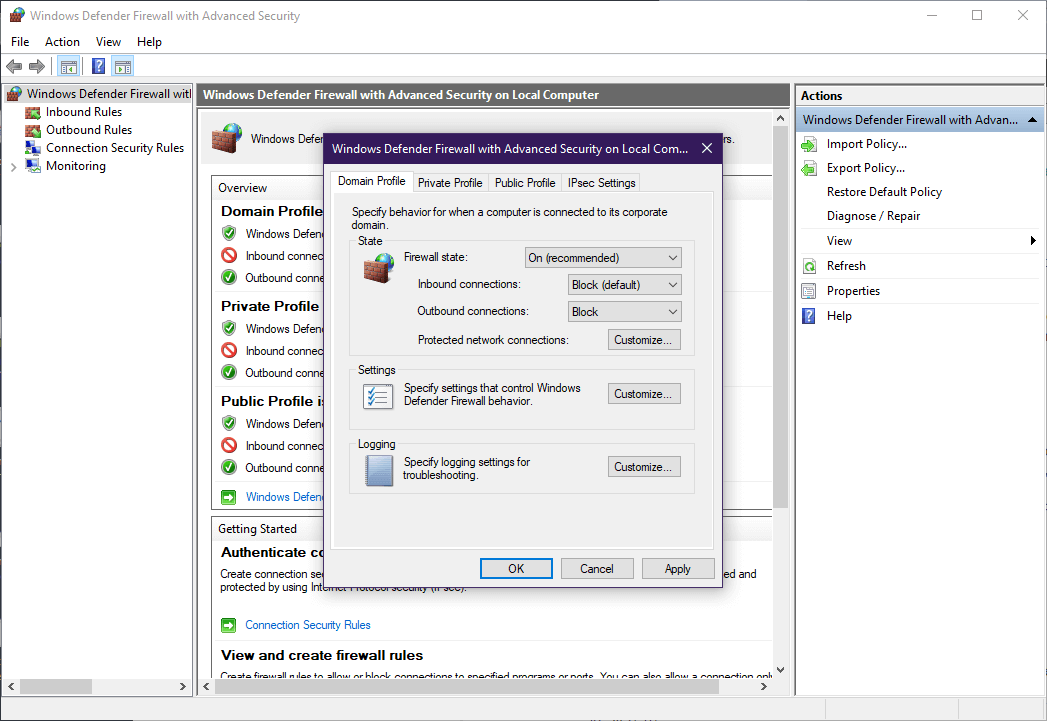 Свойства брандмауэра Windows с расширенной безопасностью