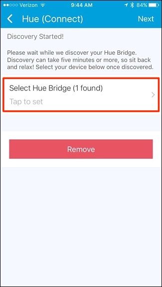 Выбор найденного Hue Bridge для подключения