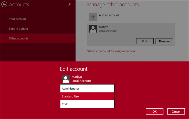 Меню выбора уровня привилегий: Standard User → Administrator