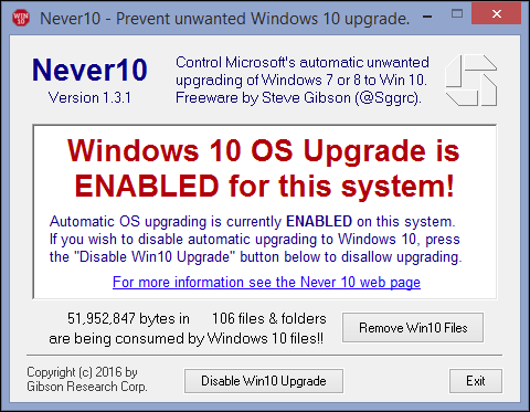 Кнопка отключения обновления в Never10