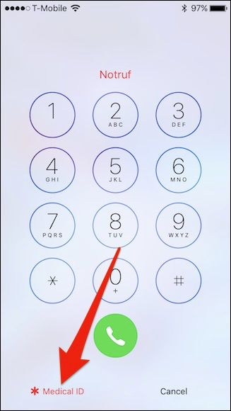 Кнопка Emergency на экране блокировки iPhone для доступа к Medical ID