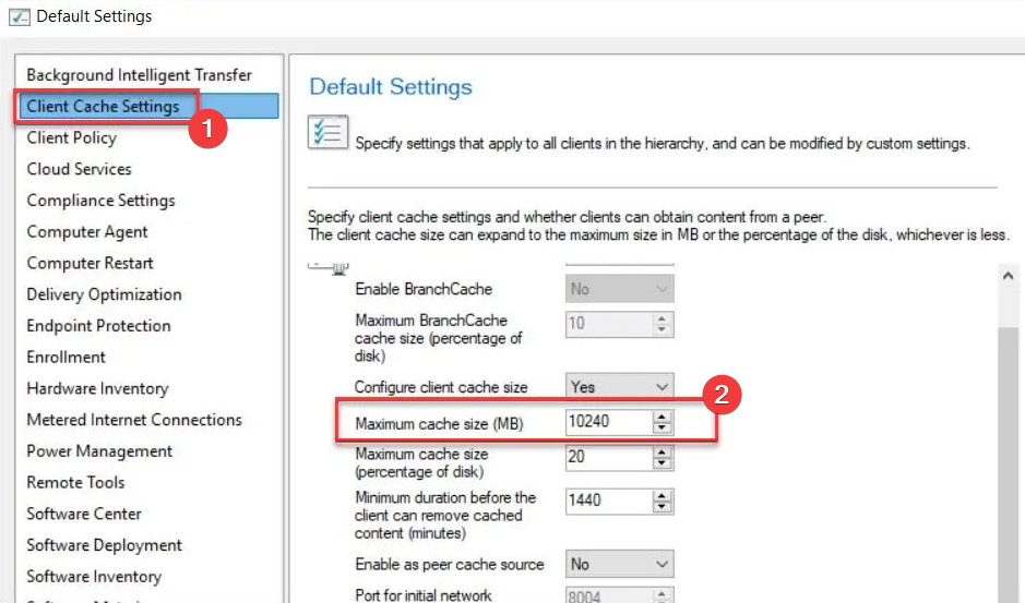 Настройка размера кеша в пользовательских параметрах