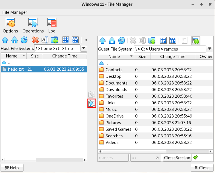 Кнопка переноса файлов между Host и Guest в File Manager VirtualBox.