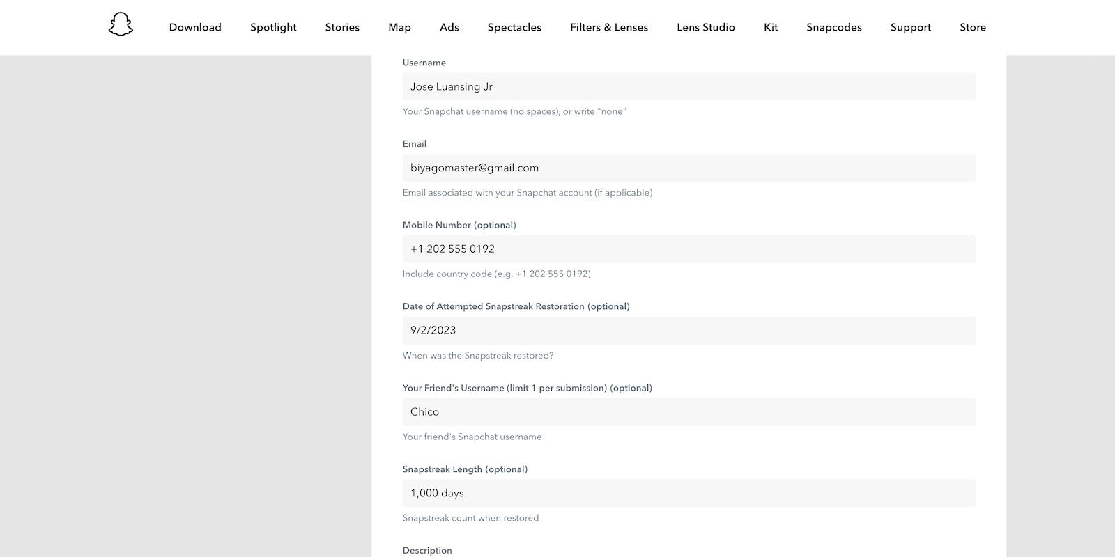 Форма запроса на восстановление Streak на странице поддержки Snapchat