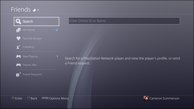 Поле поиска в друзьях PS4