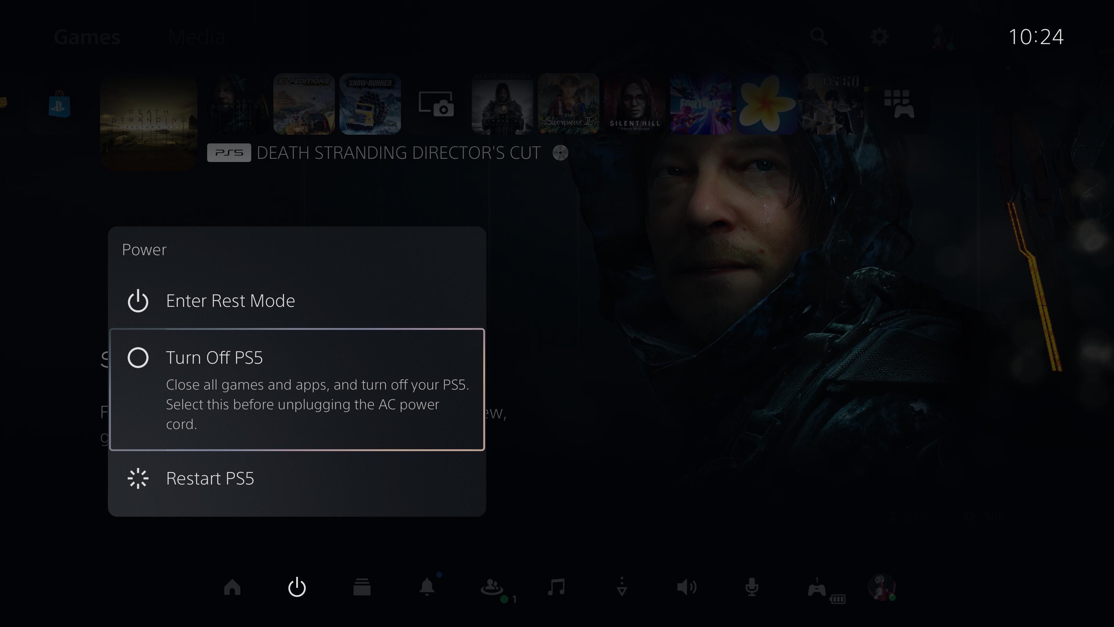 Shut down a PS5 using the Power menu in Control Center.