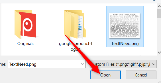 Диалог выбора файла с кнопкой «Open».